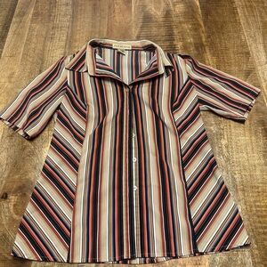 Notations Vertical Stripe Button-Up Blouse in Navy, Rust, Cream, Tan